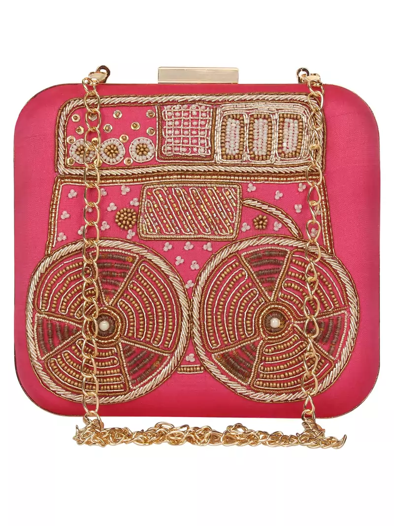 Anekaant Spiffy Embellished Faux Slik Clutch Fuschia Pink