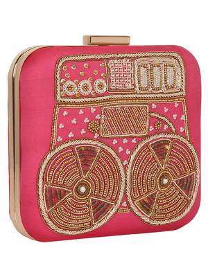 Anekaant Spiffy Embellished Faux Slik Clutch Fuschia Pink 2