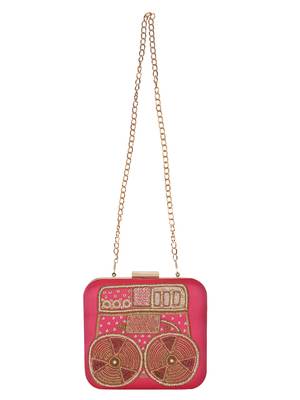 Anekaant Spiffy Embellished Faux Slik Clutch Fuschia Pink 4