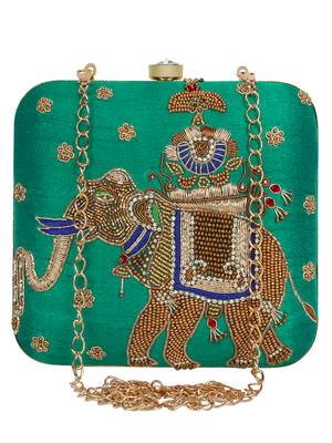 Anekaant Vista Embellished Faux Slik Clutch Rama Green & Gold 1