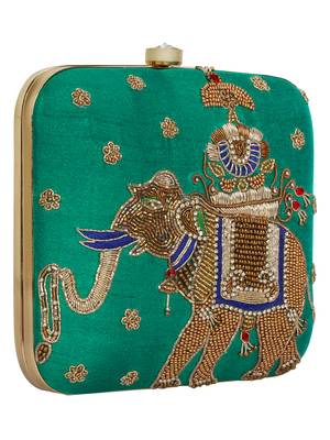 Anekaant Vista Embellished Faux Slik Clutch Rama Green & Gold 2