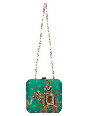 Anekaant Vista Embellished Faux Slik Clutch Rama Green & Gold 4