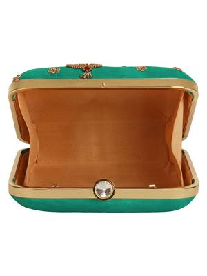 Anekaant Vista Embellished Faux Slik Clutch Rama Green & Gold 5