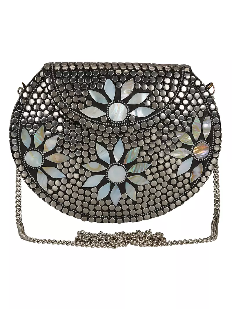 Anekaant Jewel Mosaic Metal Clutch Sliver & White