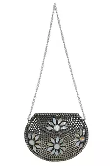 Jewel Mosaic Metal Clutch Sliver & White