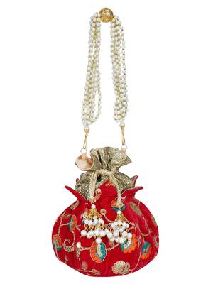Anekaant Lotus Embroidered Sequines Velvet Potli Maroon & Multi 1