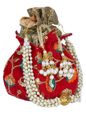 Anekaant Lotus Embroidered Sequines Velvet Potli Maroon & Multi 2
