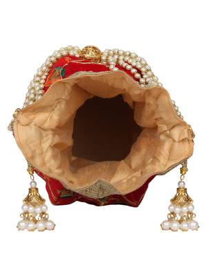Anekaant Lotus Embroidered Sequines Velvet Potli Maroon & Multi 5