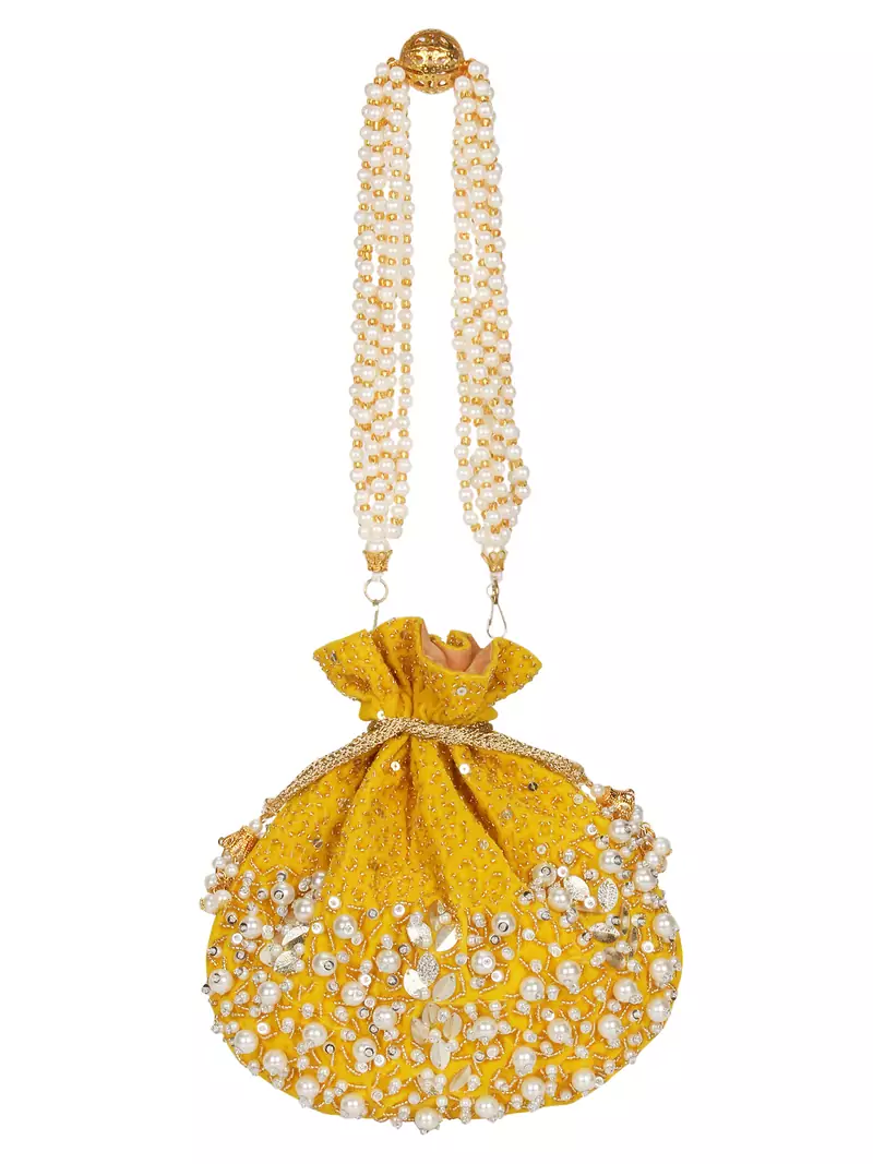 Anekaant Dangle Sequines Embellished Velvet Potli Yellow & White