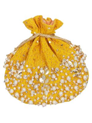 Anekaant Dangle Sequines Embellished Velvet Potli Yellow & White 4
