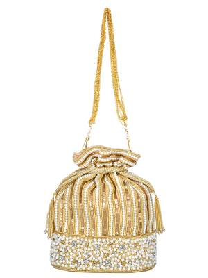 Anekaant Sequines Embellished Faux Slik Potli Gold & Pearl 1