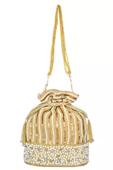 Anekaant Sequines Embellished Faux Slik Potli Gold & Pearl