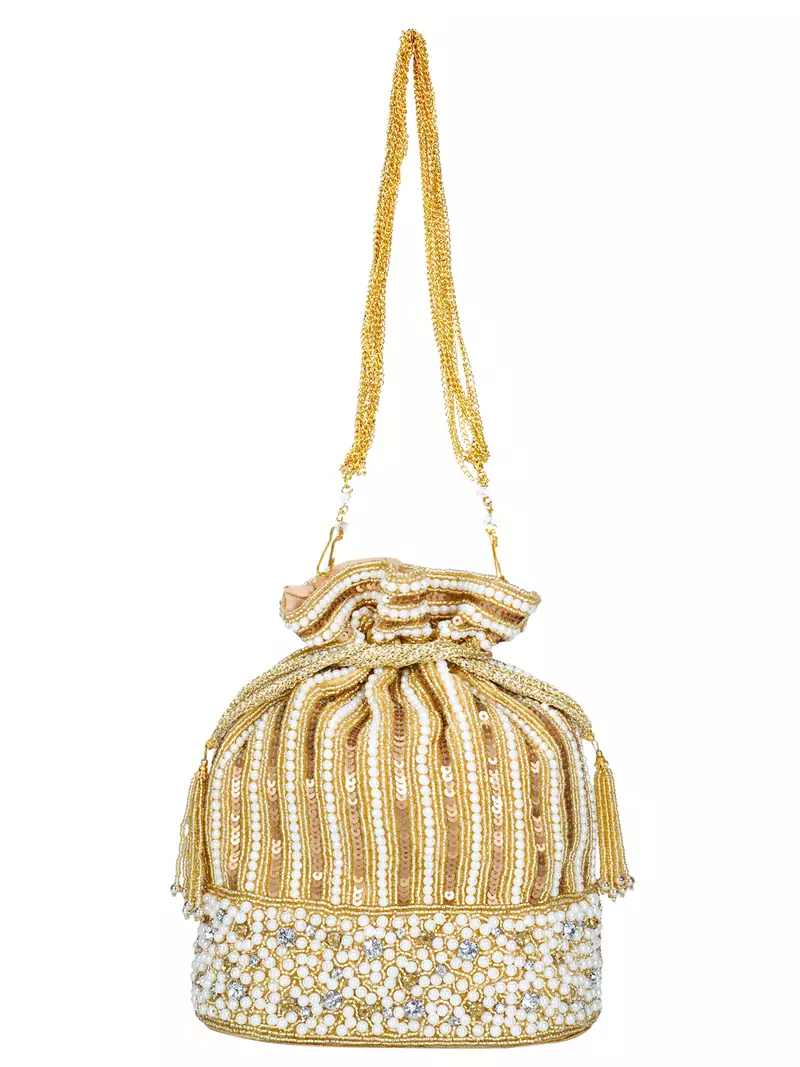 Anekaant Sequines Embellished Faux Slik Potli Gold & Pearl