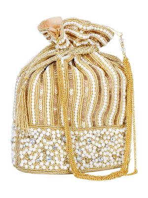 Anekaant Sequines Embellished Faux Slik Potli Gold & Pearl 2