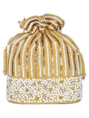 Anekaant Sequines Embellished Faux Slik Potli Gold & Pearl 3