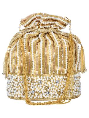 Anekaant Sequines Embellished Faux Slik Potli Gold & Pearl 4