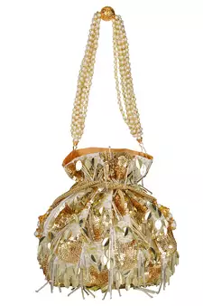 Anekaant Dangle Sequines Embellished Faux Slik Potli White & Gold