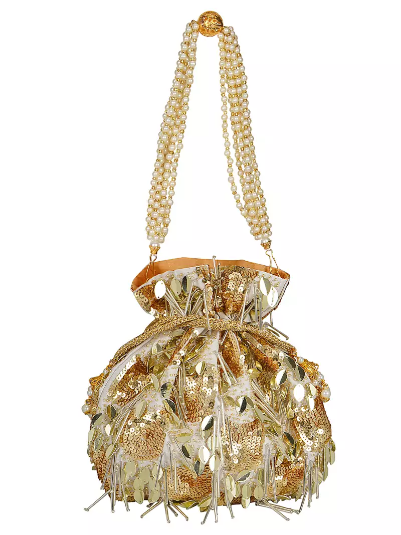 Anekaant Dangle Sequines Embellished Faux Slik Potli White & Gold