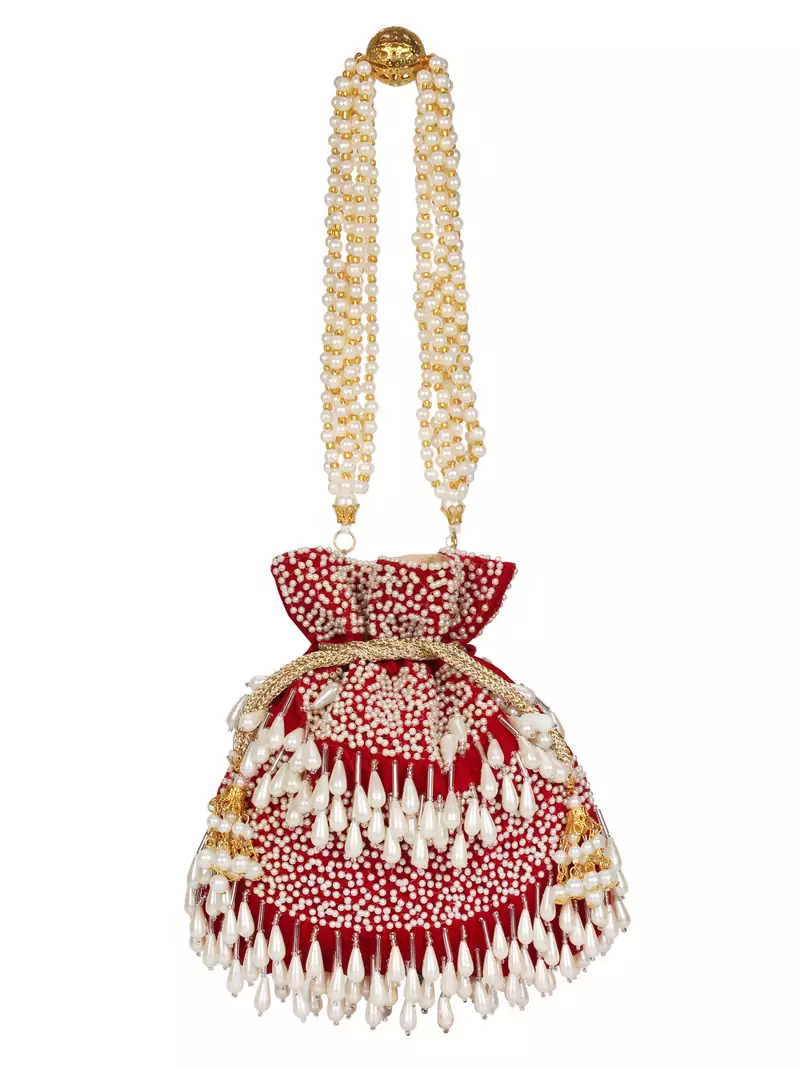 Anekaant Dangle Sequines Embellished Velvet Potli Maroon & White
