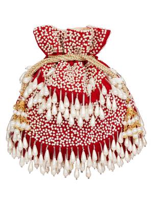 Anekaant Dangle Sequines Embellished Velvet Potli Maroon & White 4
