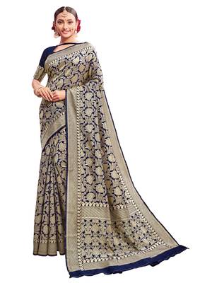 Blue woven silk saree with blouse 1