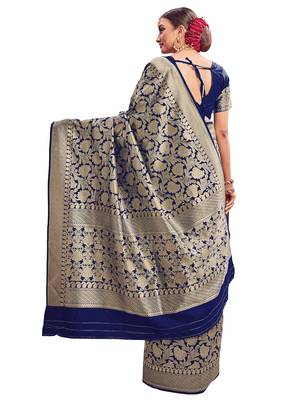 Blue woven silk saree with blouse 2