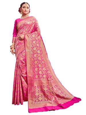 Pink woven silk saree with blouse 1