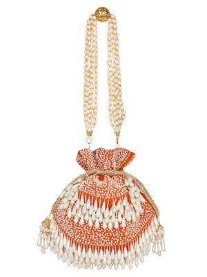 Anekaant Dangle Sequines Embellished Velvet Potli Orange & White 1