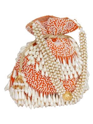 Anekaant Dangle Sequines Embellished Velvet Potli Orange & White 2