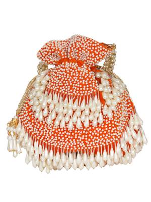 Anekaant Dangle Sequines Embellished Velvet Potli Orange & White 3
