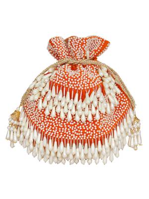 Anekaant Dangle Sequines Embellished Velvet Potli Orange & White 4