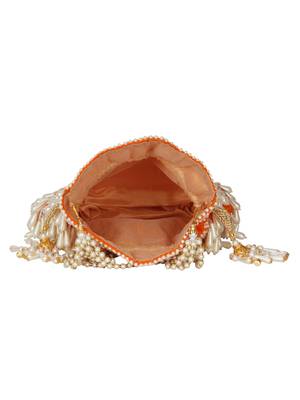 Anekaant Dangle Sequines Embellished Velvet Potli Orange & White 5