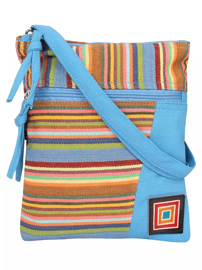 Anekaant Striped Canvas Sling Bag Blue & Multi