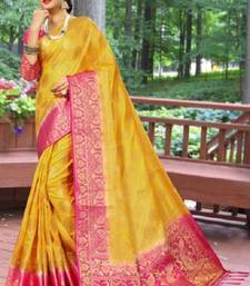 Yellow printed kanchipuram silk saree with blouse 1