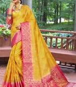 Yellow printed kanchipuram silk saree with blouse