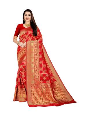 Red woven banarasi silk saree with blouse 1