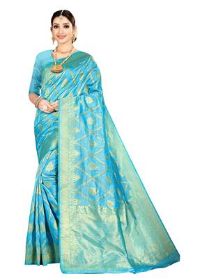 Blue woven banarasi silk saree with blouse 1