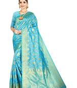 Blue woven banarasi silk saree with blouse