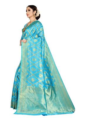 Blue woven banarasi silk saree with blouse 2