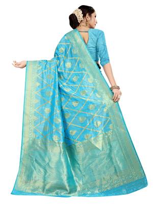 Blue woven banarasi silk saree with blouse 3