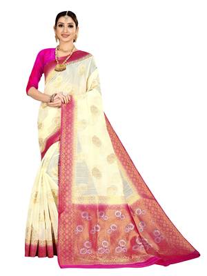 White woven banarasi silk saree with blouse 1