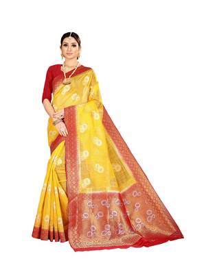 Yellow woven banarasi silk saree with blouse 1