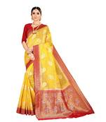 Yellow woven banarasi silk saree with blouse