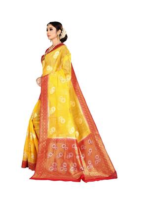 Yellow woven banarasi silk saree with blouse 2