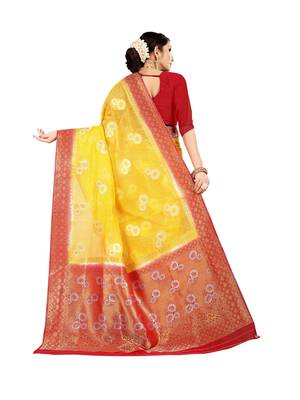 Yellow woven banarasi silk saree with blouse 3