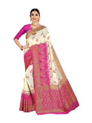 White woven banarasi silk saree with blouse 1