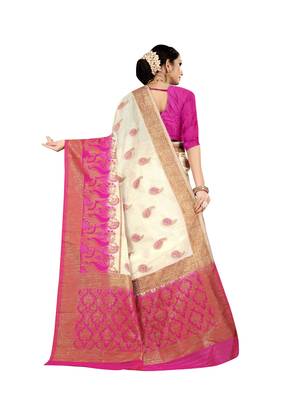White woven banarasi silk saree with blouse 3