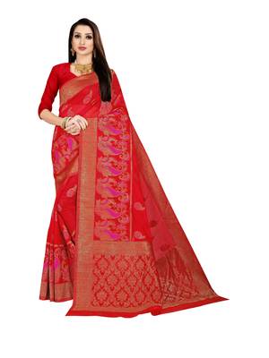 Red woven banarasi silk saree with blouse 1