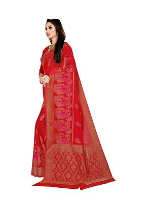 Red woven banarasi silk saree with blouse 2