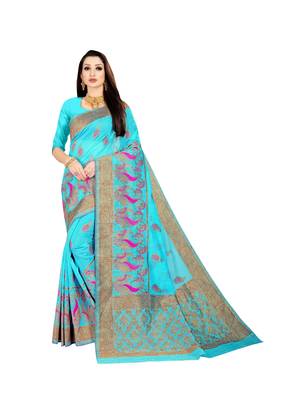 Blue woven banarasi silk saree with blouse 1